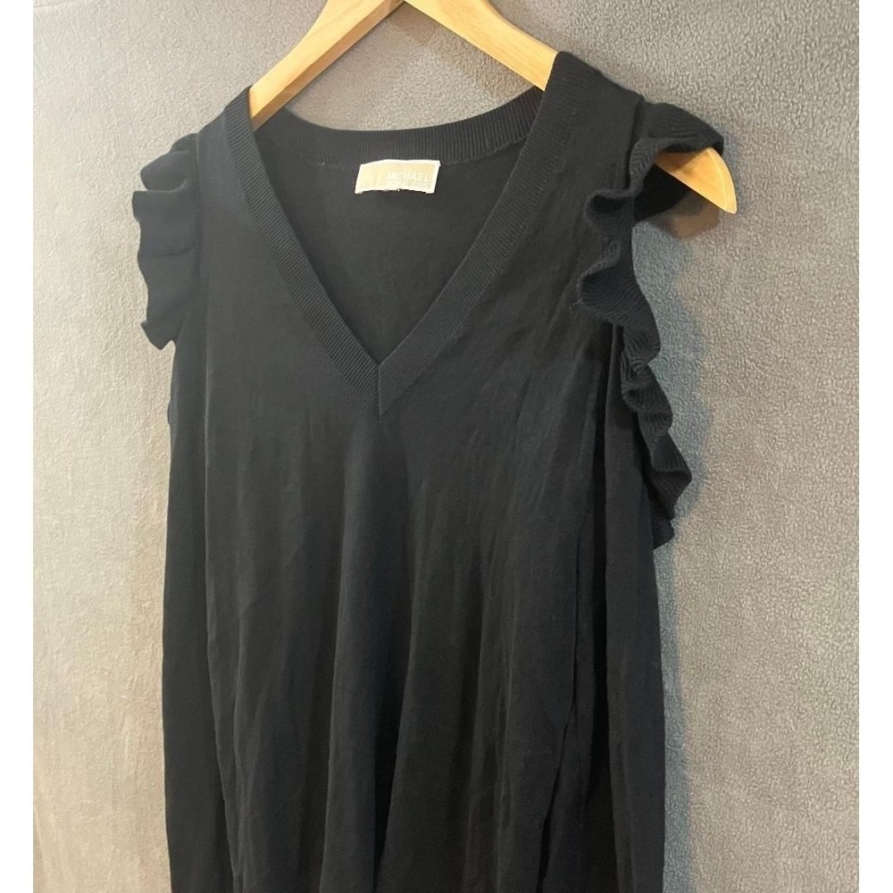 Michael Kors Cold Shoulder V-Neck Sweater Ruffle Long Sleeve Knit Top Black XS - Picture 2 of 8